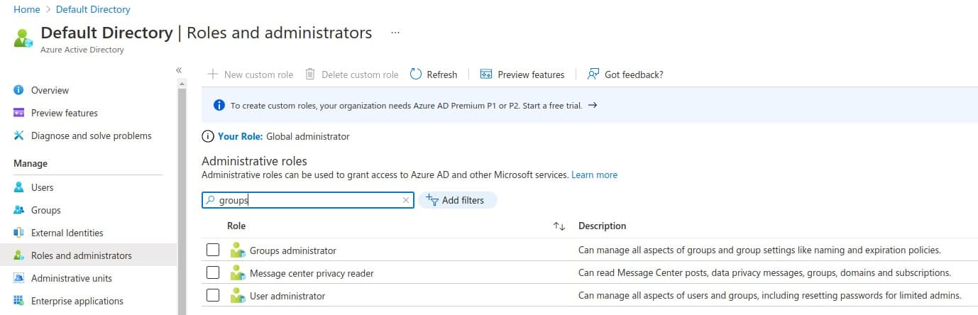 Roles and administrators section of Azure AD