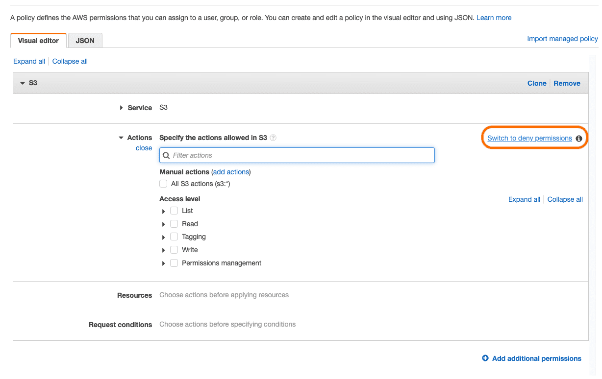 create policy - switch to deny premissions