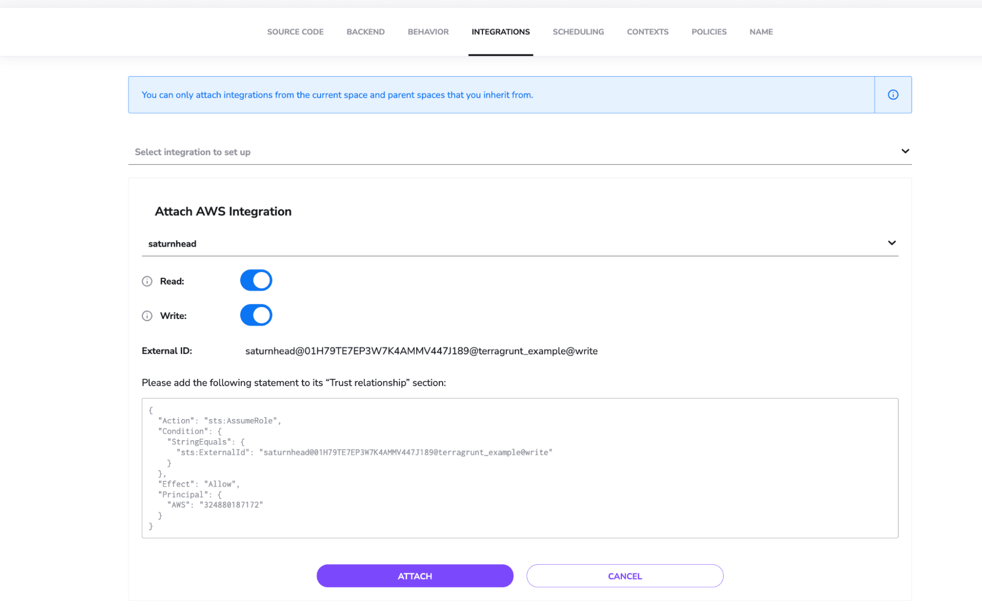 attach aws integration