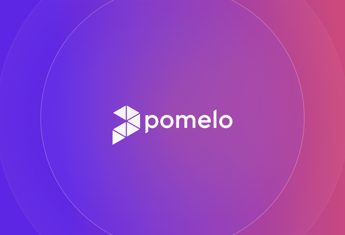 white pomelo logo on violet background